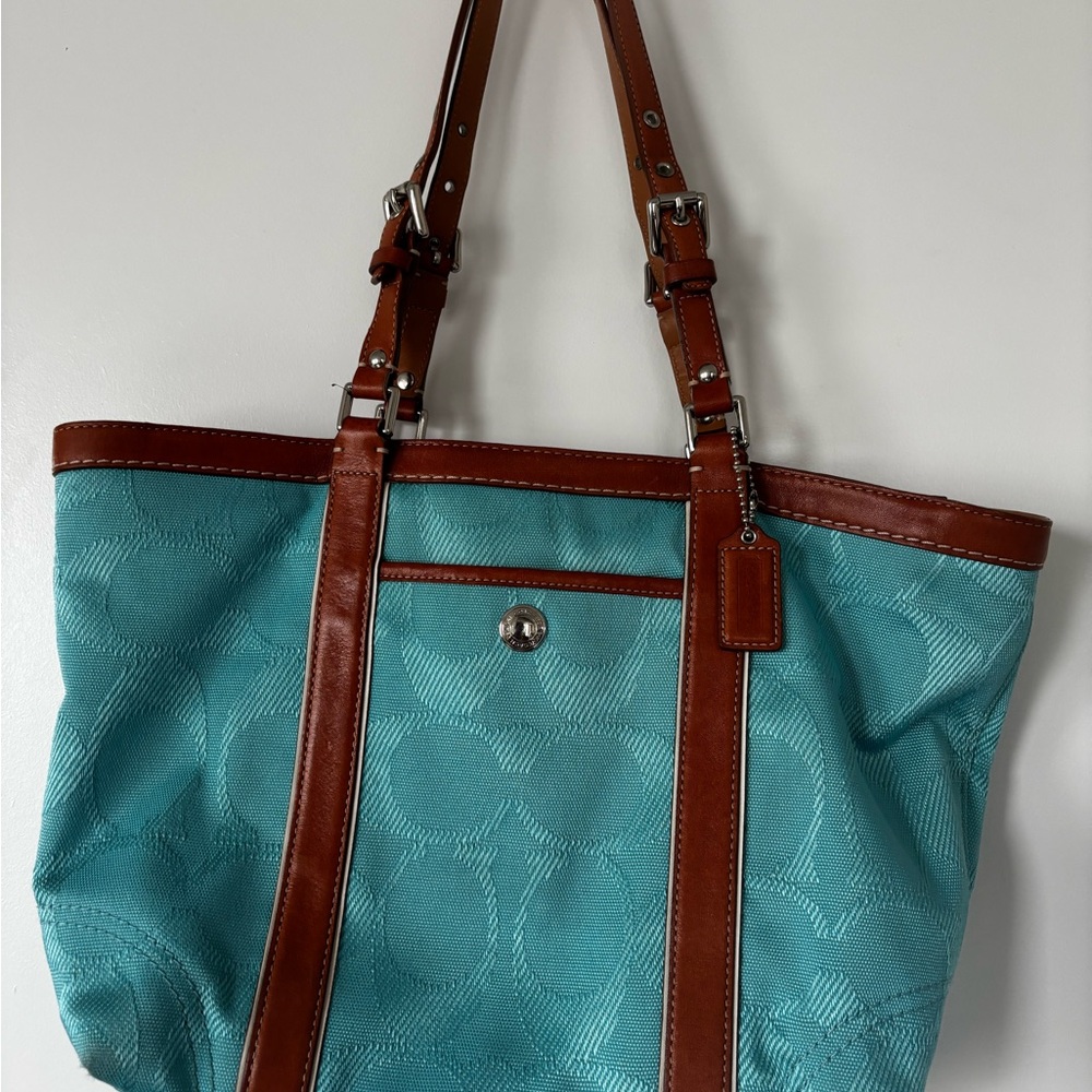 Vintage Coach Turquoise Tote with Brown Leather Trim